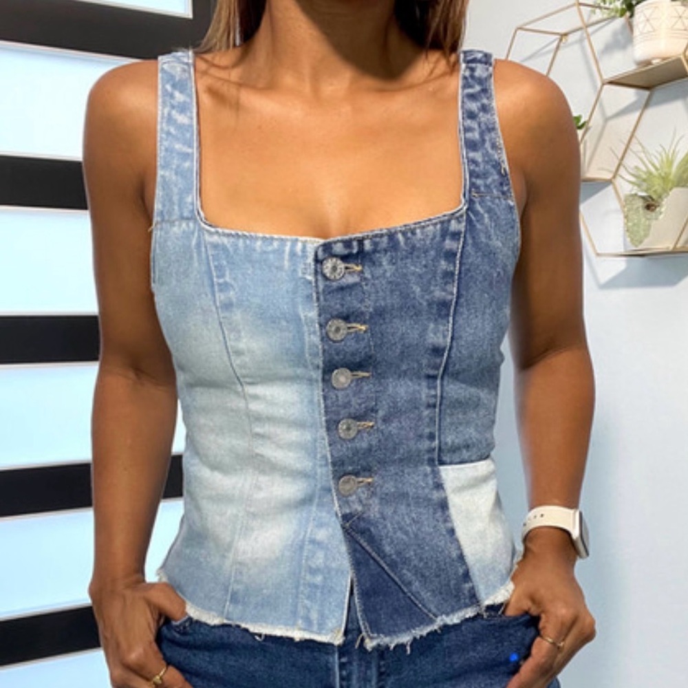 Zara Denim Vest Y2K Top Sz XS Patchwork Tank Corset